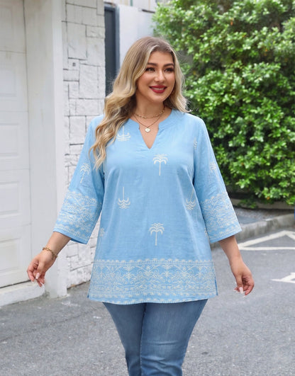 Women's Plus Size Light Blue Embroidered Tropical Tunic Top | 3/4 Sleeve