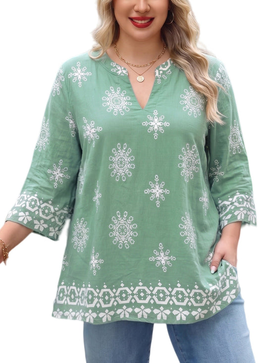 Women's Plus Size Sage Green Boho Medallion Tunic Top | 3/4 Sleeve