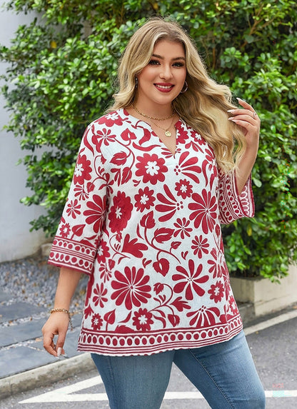 Women's Plus Size Red Floral Vine Print Tunic Top | 3/4 Sleeve Boho Blouse