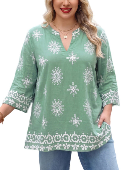 Women's Plus Size Sage Green Boho Medallion Tunic Top | 3/4 Sleeve