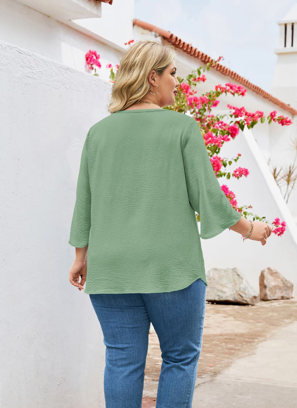 Women's Plus Size Sage Green Floral Trim V-Neck Blouse | 3/4 Sleeve Tunic Top