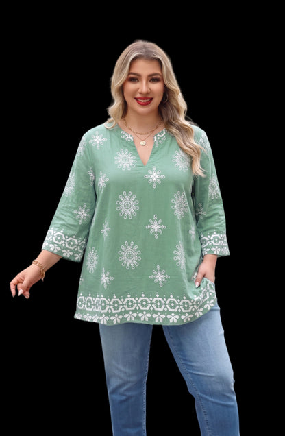 Women's Plus Size Sage Green Boho Medallion Tunic Top | 3/4 Sleeve