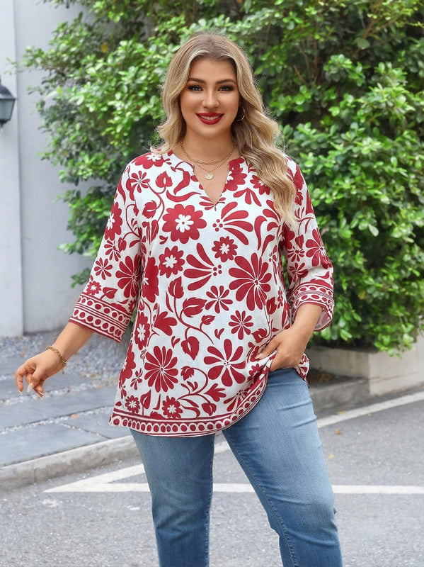 Women's Plus Size Red Floral Vine Print Tunic Top | 3/4 Sleeve Boho Blouse