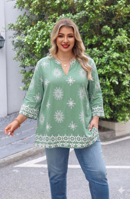 Women's Plus Size Sage Green Boho Medallion Tunic Top | 3/4 Sleeve
