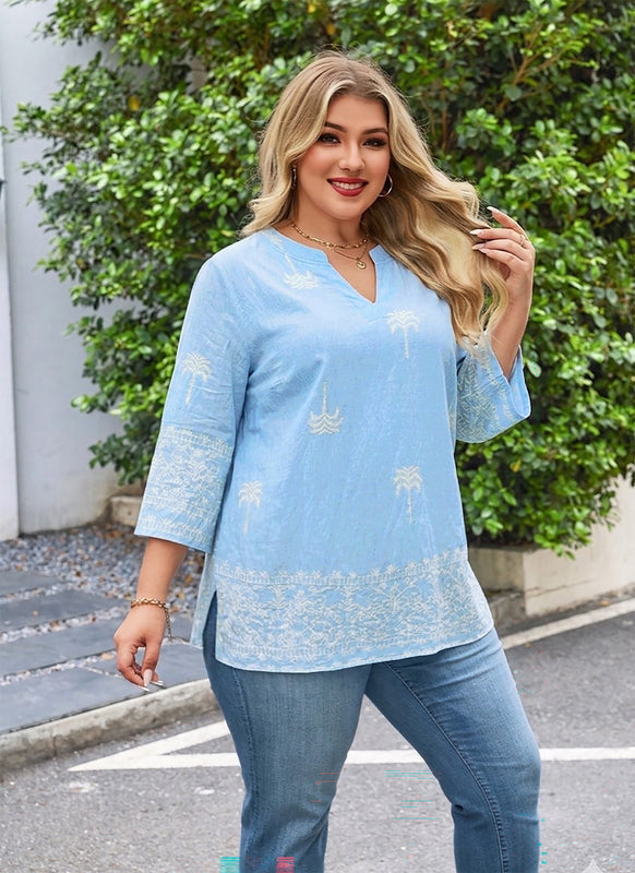 Women's Plus Size Light Blue Embroidered Tropical Tunic Top | 3/4 Sleeve