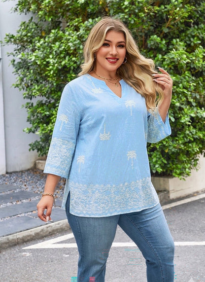Women's Plus Size Light Blue Embroidered Tropical Tunic Top | 3/4 Sleeve