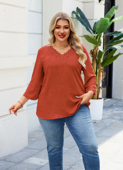 Women's Plus Size Burnt Orange Floral Trim V-Neck Blouse | 3/4 Sleeve Tunic Top