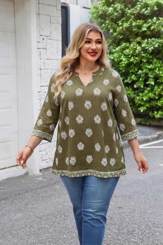 Women's Plus Size Olive Green Boho Block Print Tunic Top | 3/4 Sleeve