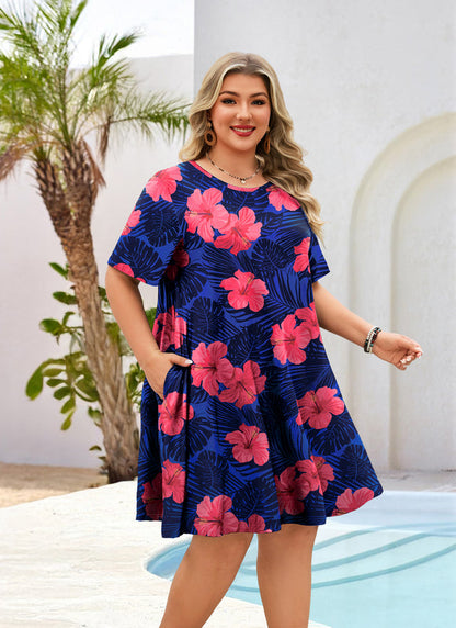Women's Plus Size Royal Blue Floral T-Shirt Dress | Short Sleeve