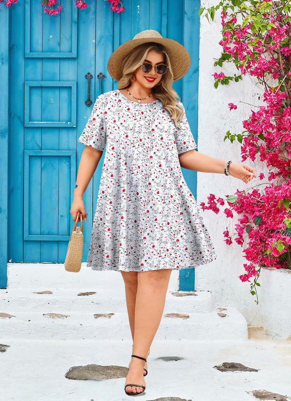 Women's Plus Size White Ditsy Floral T-Shirt Dress | Short Sleeve