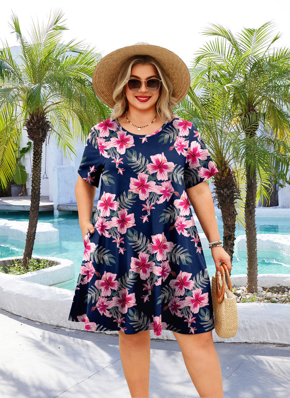 Women's Plus Size Navy Blue Pink Floral T-Shirt Dress | Short Sleeve