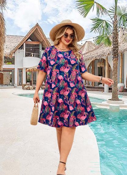 Women's Plus Size Navy Flamingo Tropical T-Shirt Dress | Short Sleeve