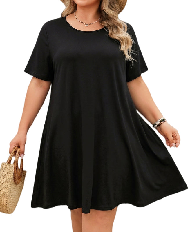 Women's Plus Size Black T-Shirt Dress | Short Sleeve Swing Dress
