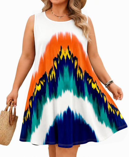 Women's White Orange Teal Colorblock Sleeveless Tank Dress with Pockets – Plus Size Casual Loose Fit