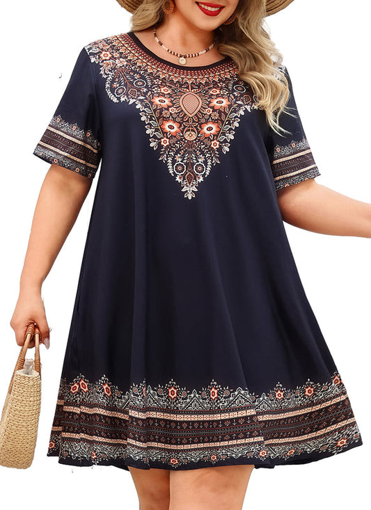 Women's Plus Size Black Boho Floral T-Shirt Dress | Short Sleeve