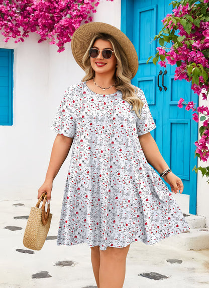 Women's Plus Size White Ditsy Floral T-Shirt Dress | Short Sleeve