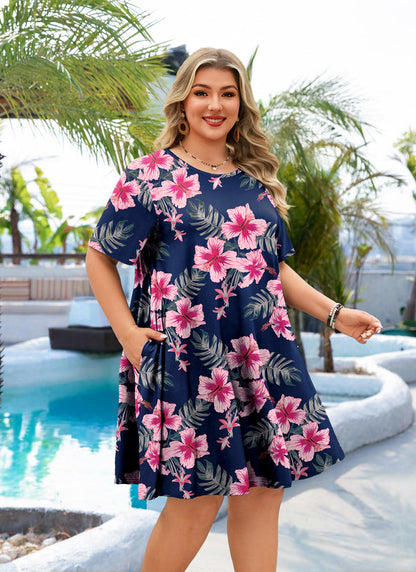 Women's Plus Size Navy Blue Pink Floral T-Shirt Dress | Short Sleeve