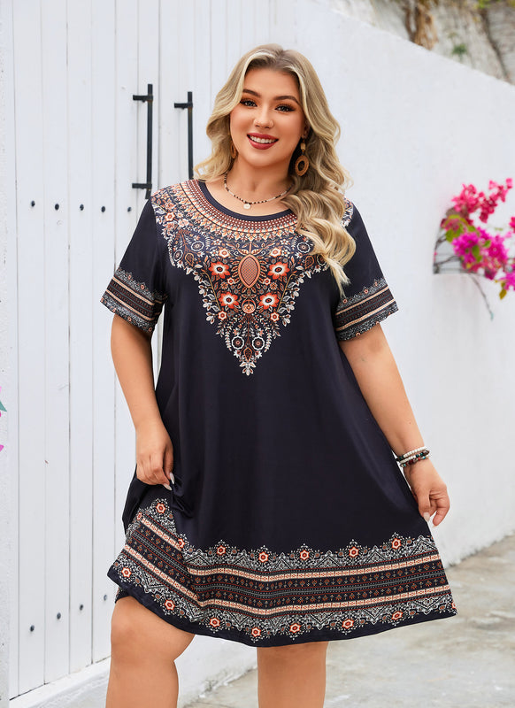Women's Plus Size Black Boho Floral T-Shirt Dress | Short Sleeve
