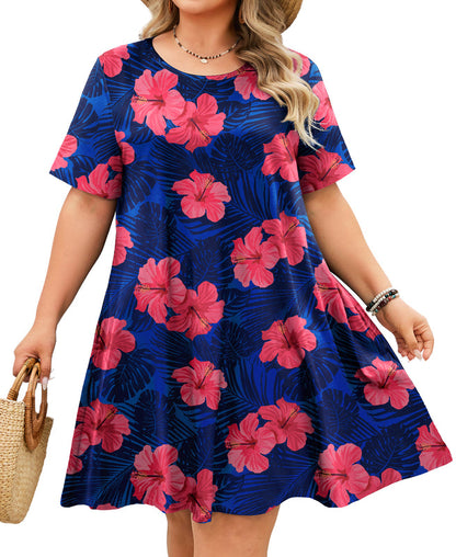 Women's Plus Size Royal Blue Floral T-Shirt Dress | Short Sleeve