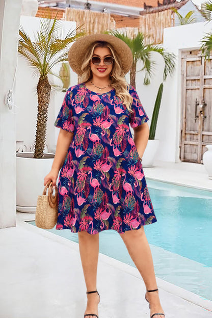 Women's Plus Size Navy Flamingo Tropical T-Shirt Dress | Short Sleeve