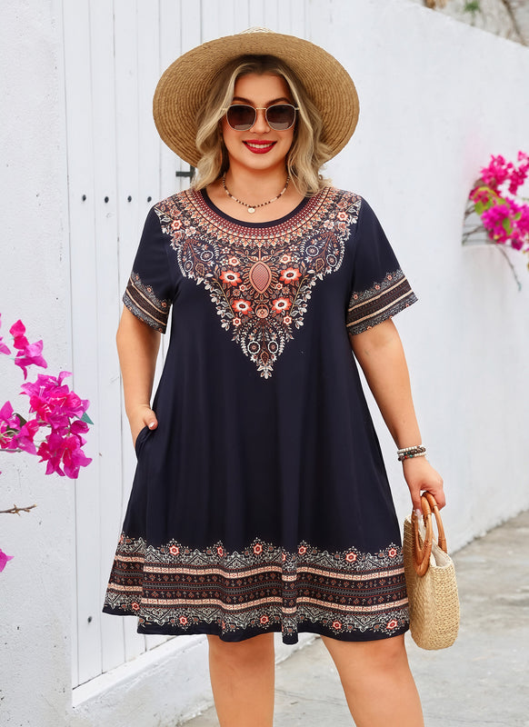 Women's Plus Size Black Boho Floral T-Shirt Dress | Short Sleeve