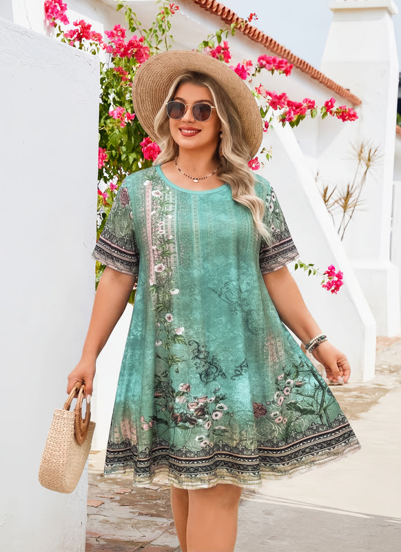 Women's Plus Size Sage Green Boho Floral T-Shirt Dress | Short Sleeve