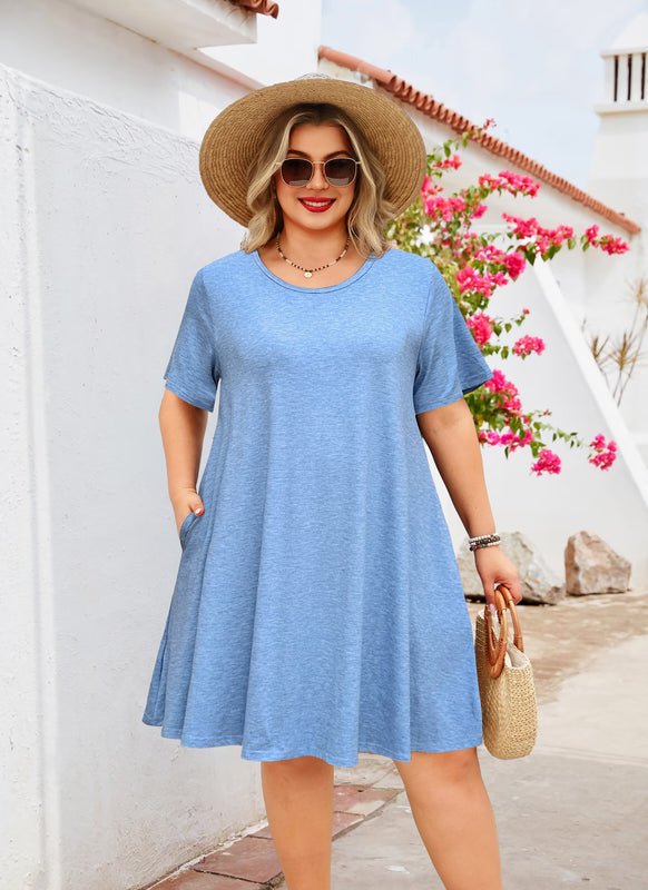 Women's Plus Size Blue T-Shirt Dress | Short Sleeve Swing Dress