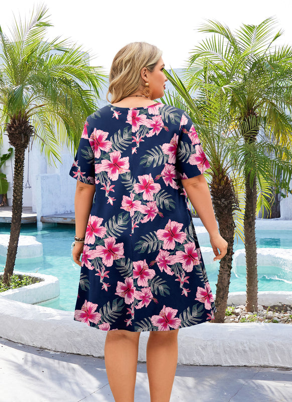 Women's Plus Size Navy Blue Pink Floral T-Shirt Dress | Short Sleeve