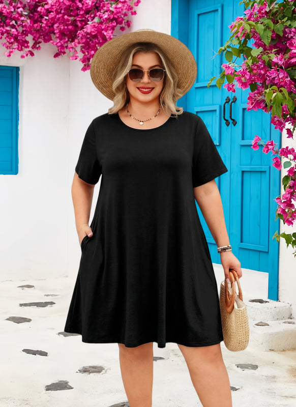 Women's Plus Size Black T-Shirt Dress | Short Sleeve Swing Dress
