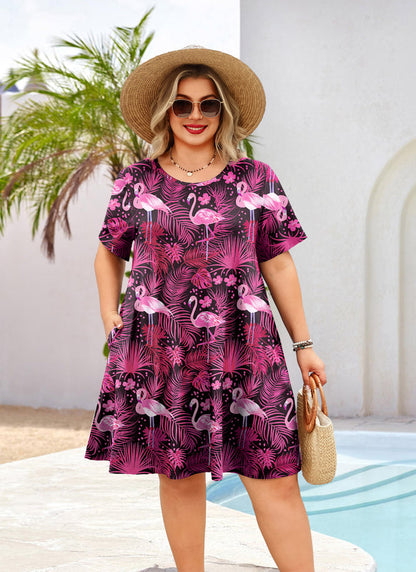 Women's Plus Size Hot Pink Flamingo Print T-Shirt Dress | Short Sleeve