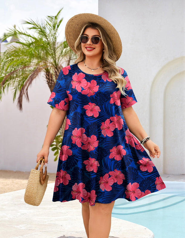 Women's Plus Size Royal Blue Floral T-Shirt Dress | Short Sleeve
