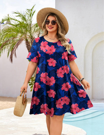 Women's Plus Size Royal Blue Floral T-Shirt Dress | Short Sleeve