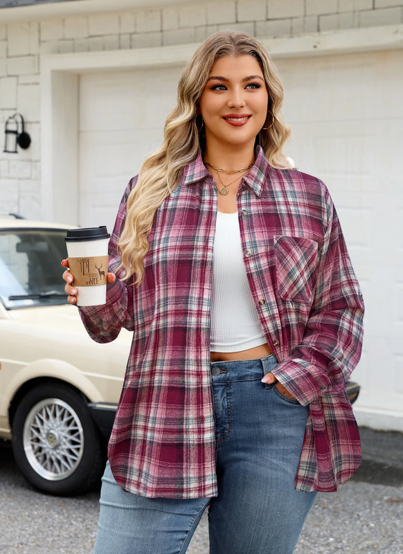 Women's Plus Size Wine Red Plaid Flannel Shirt | Long Sleeve Button Down