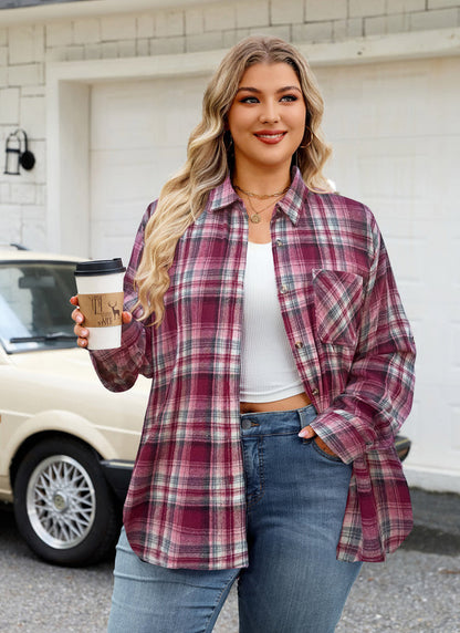 Women's Plus Size Wine Red Plaid Flannel Shirt | Long Sleeve Button Down