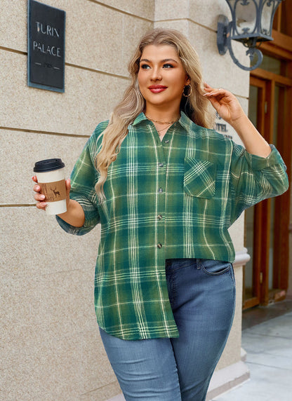 Women's Plus Size Sage Green Plaid Flannel Shirt | Long Sleeve Button Down