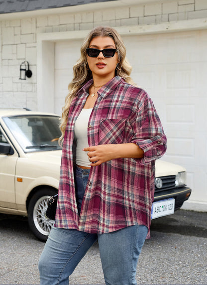 Women's Plus Size Wine Red Plaid Flannel Shirt | Long Sleeve Button Down