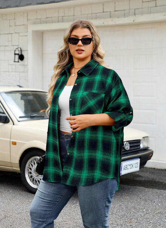 Women's Plus Size Green Plaid Flannel Shirt | Long Sleeve Button Down