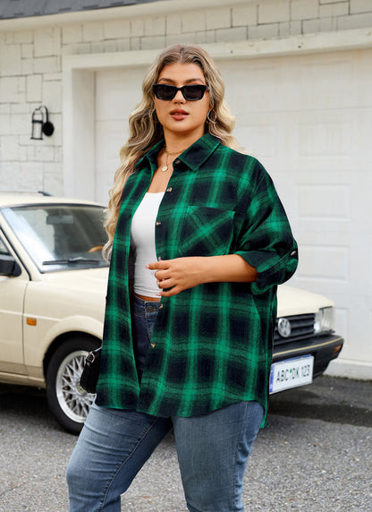 Women's Plus Size Green Plaid Flannel Shirt | Long Sleeve Button Down