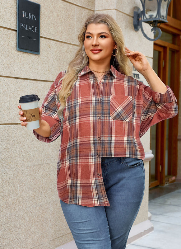 Women's Plus Size Rust Plaid Flannel Shirt | Long Sleeve Button Down