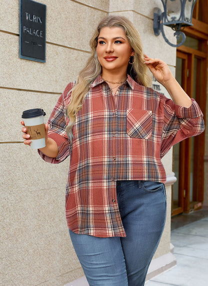 Women's Plus Size Rust Plaid Flannel Shirt | Long Sleeve Button Down