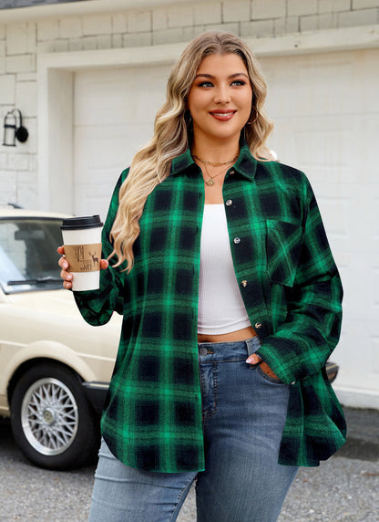 Women's Plus Size Green Plaid Flannel Shirt | Long Sleeve Button Down