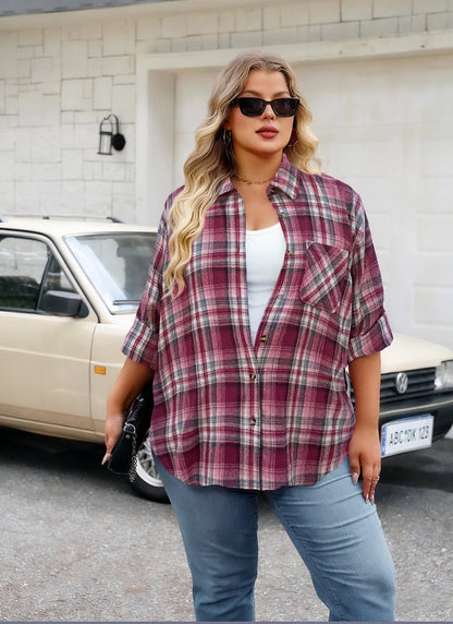 Women's Plus Size Wine Red Plaid Flannel Shirt | Long Sleeve Button Down