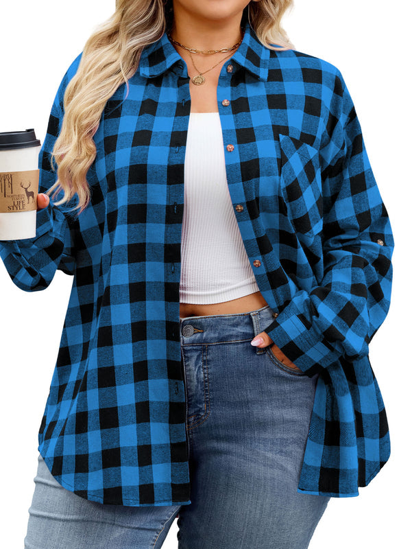 Women's Plus Size Royal Blue Plaid Flannel Shirt | Long Sleeve Button Down