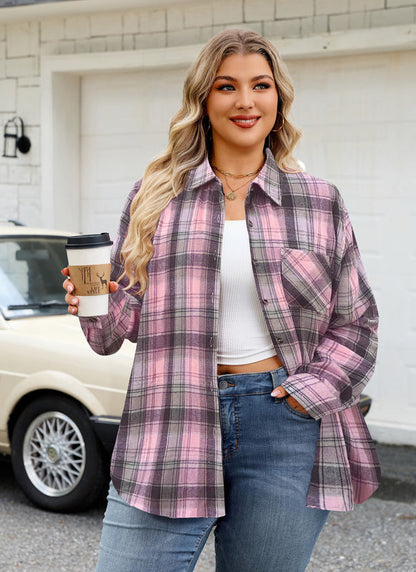 Women's Plus Size Light Pink Plaid Flannel Shirt | Long Sleeve Button Down