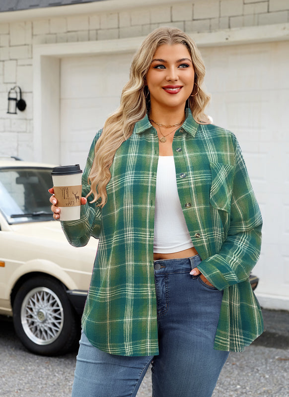 Women's Plus Size Sage Green Plaid Flannel Shirt | Long Sleeve Button Down
