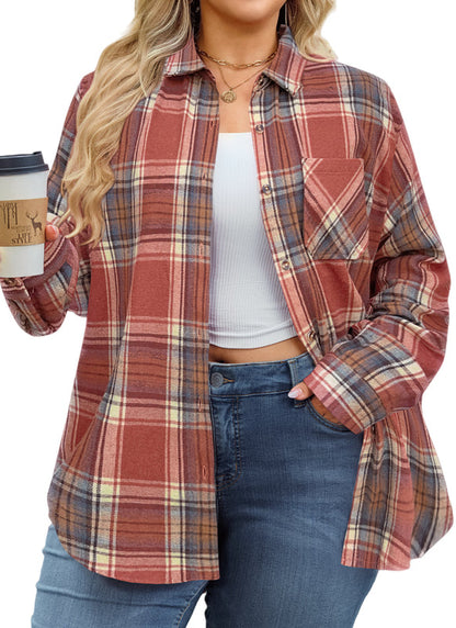 Women's Plus Size Rust Plaid Flannel Shirt | Long Sleeve Button Down