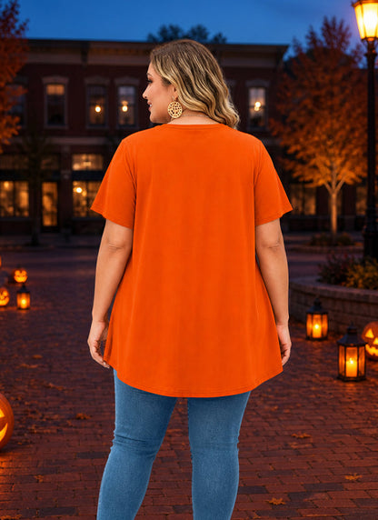 Women's Halloween Orange Tunic Top – Festive Print, Plus Size