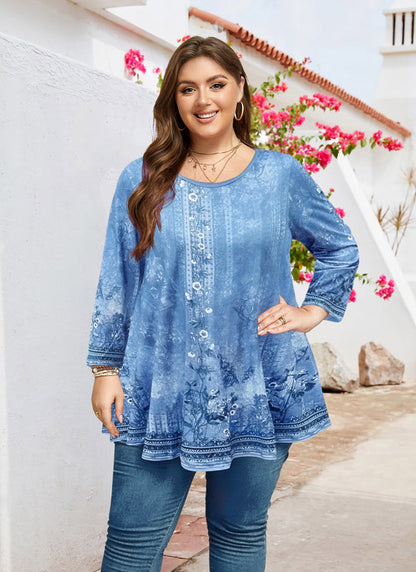 Women's Light Blue Plus Size Swing Tunic Top – 3/4 Sleeve Flowy Blouse