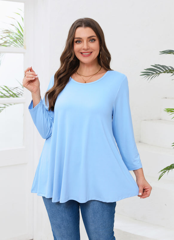 Women's Plus Size Tunic Top | 3/4 Sleeve Light Blue Swing Flare Blouse for Leggings