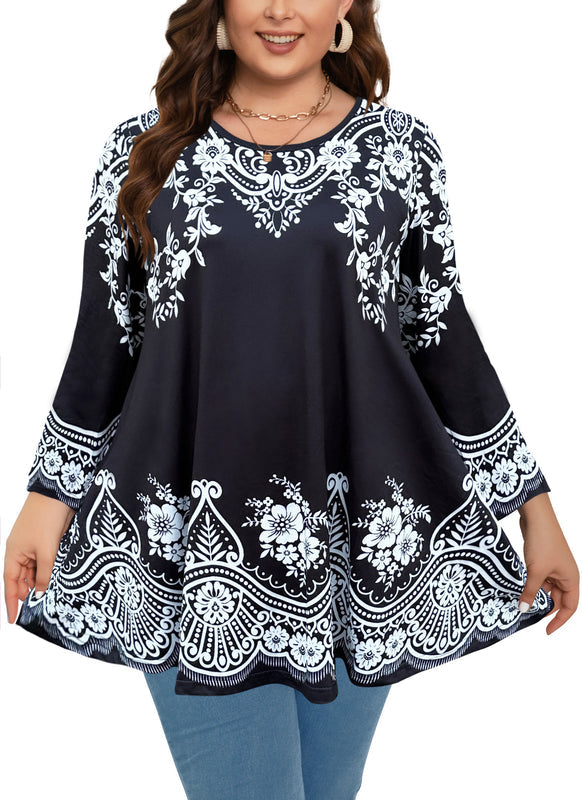 Women's Plus Size Tunic Top | Black & White Print Swing Flare Blouse for Leggings